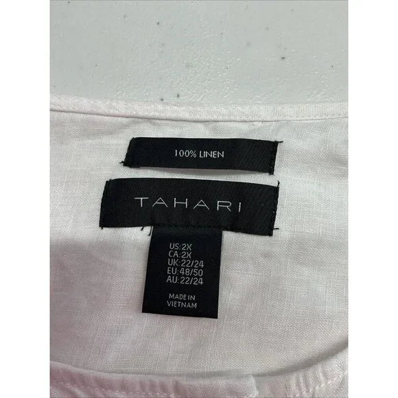 TAHARI Collarless Linen Tunic Size 2X Button Down Shirt White Roll Tab flowy - Picture 4 of 8